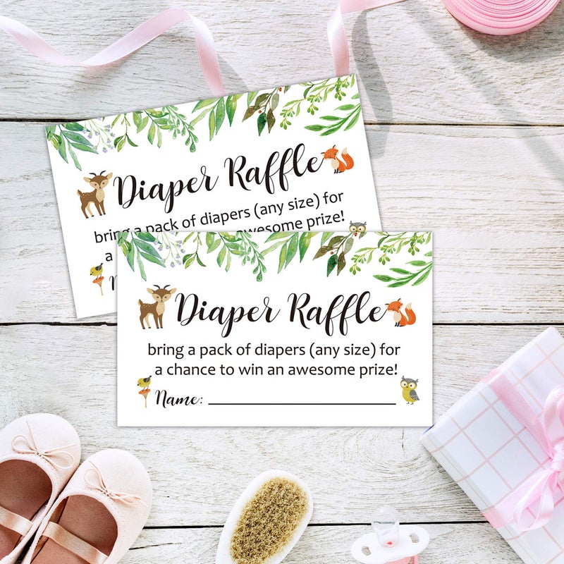 Giftideaworkshop Diaper Raffle Tickets Woodland Baby Shower Game Invitations Insert for Boy Girl, Bring a Pack of Diapers to Win Favors, Lottery Insert Card, Green, 3.5" x 2", Pack of 50 - Image 5